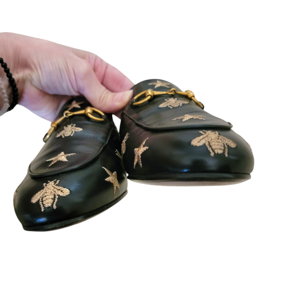 Gucci Bee Star Black Leather Horsebit Princetown Loafers Slides Flats Mules 7 37 - Picture 10 of 11
